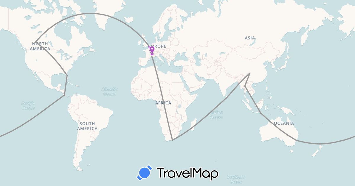 TravelMap itinerary: driving, plane, train in Australia, Canada, China, Costa Rica, France, United Kingdom, Indonesia, Sri Lanka, New Zealand, Thailand, United States, South Africa (Africa, Asia, Europe, North America, Oceania)