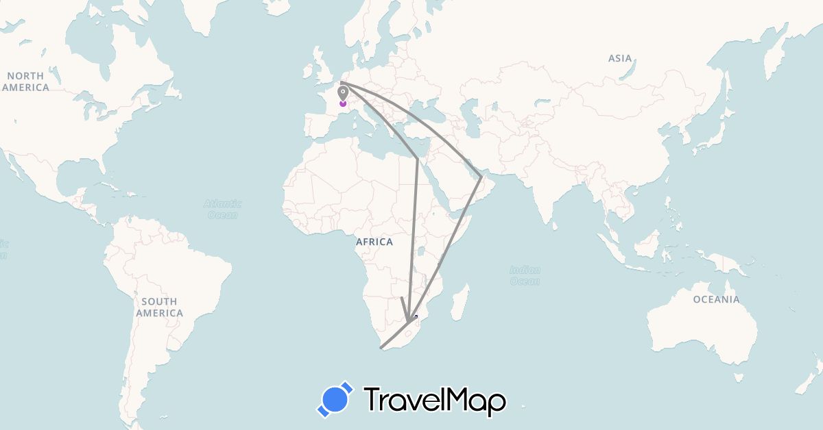 TravelMap itinerary: driving, plane, train in United Arab Emirates, Belgium, Egypt, France, Tanzania, South Africa, Zambia (Africa, Asia, Europe)