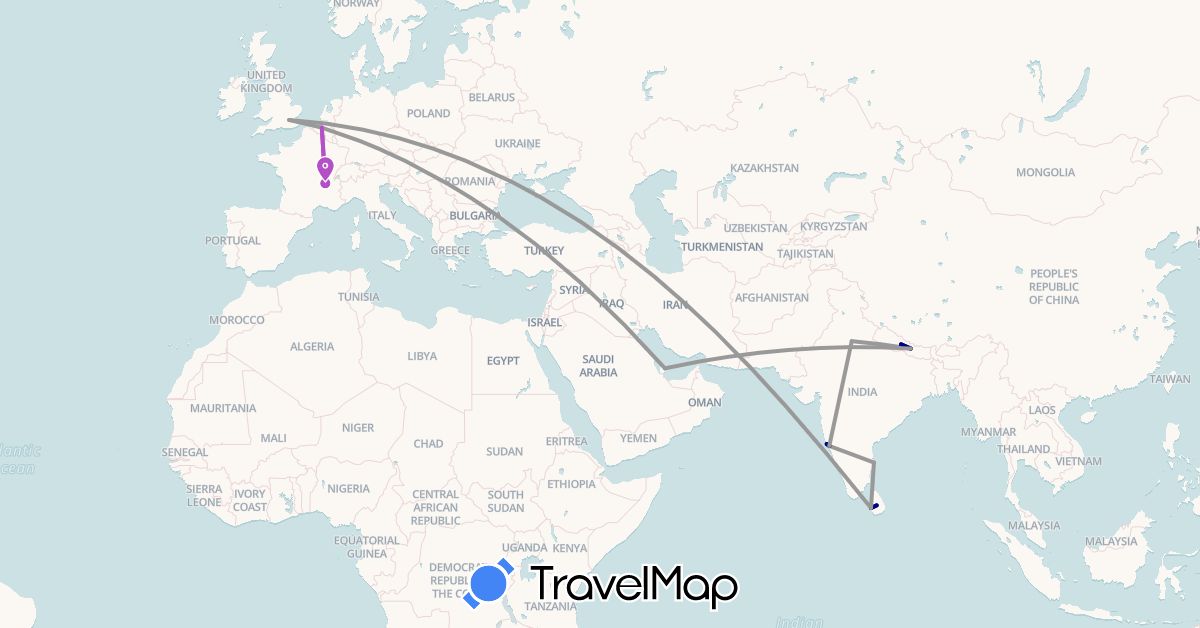 TravelMap itinerary: driving, plane, train in Belgium, France, United Kingdom, India, Sri Lanka, Nepal, Qatar (Asia, Europe)