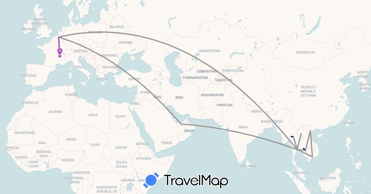 TravelMap itinerary: driving, plane, train in United Arab Emirates, Belgium, France, Cambodia, Laos, Thailand, Vietnam (Asia, Europe)