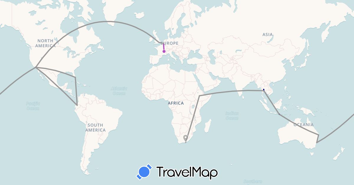 TravelMap itinerary: driving, plane, train in Australia, Belgium, Ecuador, Ethiopia, France, United Kingdom, Indonesia, Mexico, Thailand, United States, South Africa (Africa, Asia, Europe, North America, Oceania, South America)