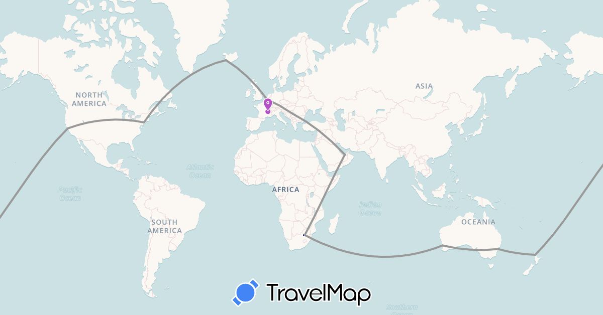 TravelMap itinerary: driving, plane, train in United Arab Emirates, Australia, Belgium, France, Iceland, New Zealand, Serbia, United States, South Africa (Africa, Asia, Europe, North America, Oceania)
