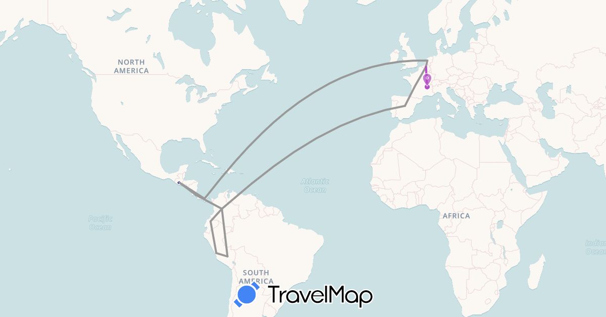 TravelMap itinerary: driving, plane, train in Belgium, Colombia, Costa Rica, Ecuador, Spain, France, Guatemala, Netherlands, Panama, Peru (Europe, North America, South America)