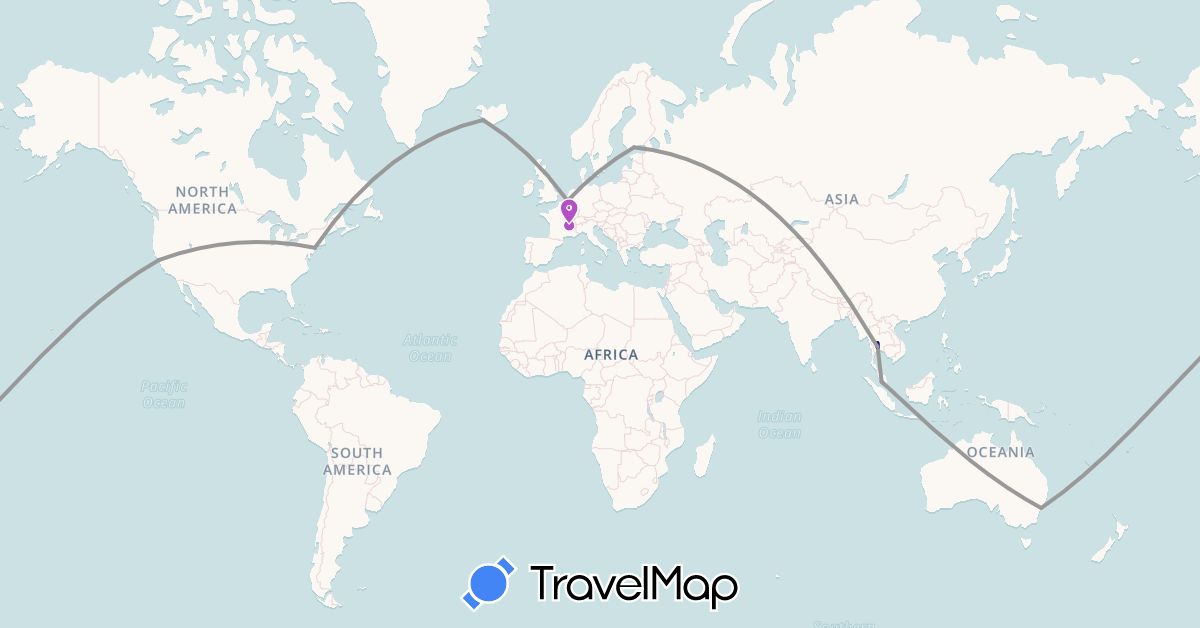 TravelMap itinerary: driving, plane, train in Australia, Belgium, Finland, France, Iceland, Malaysia, Thailand, United States (Asia, Europe, North America, Oceania)