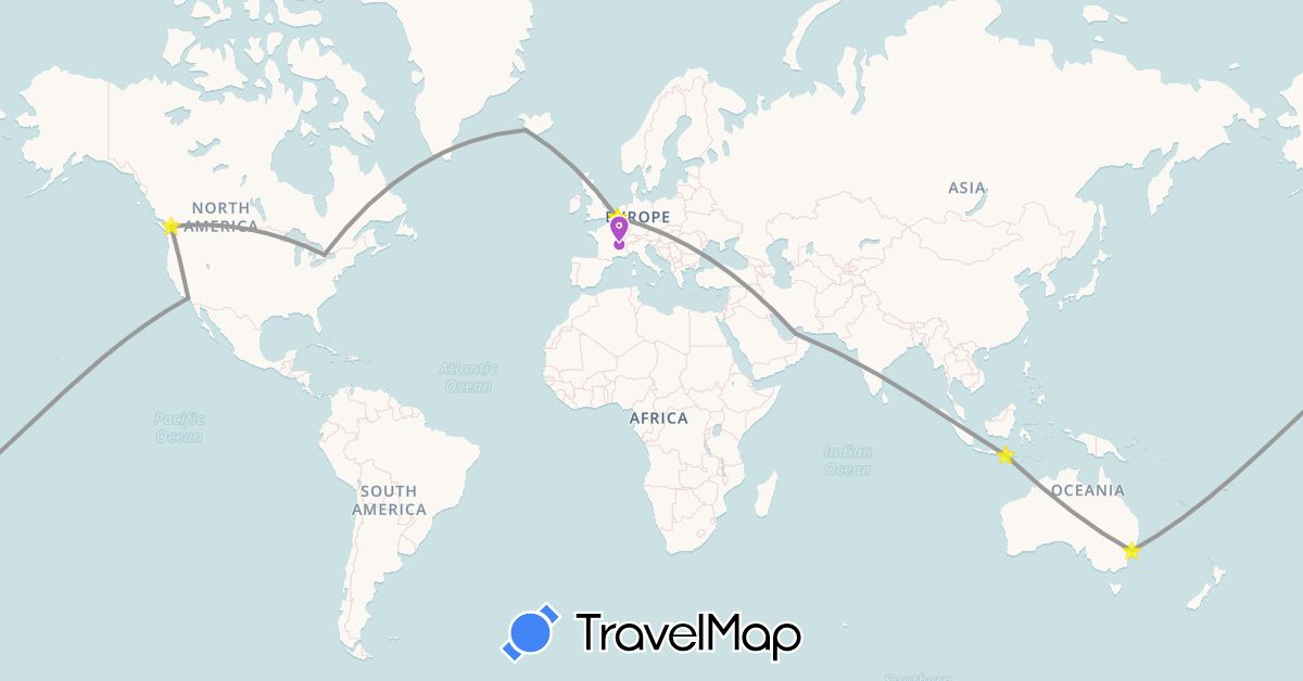 TravelMap itinerary: driving, plane, train in United Arab Emirates, Australia, Belgium, Canada, France, Indonesia, Iceland, United States (Asia, Europe, North America, Oceania)