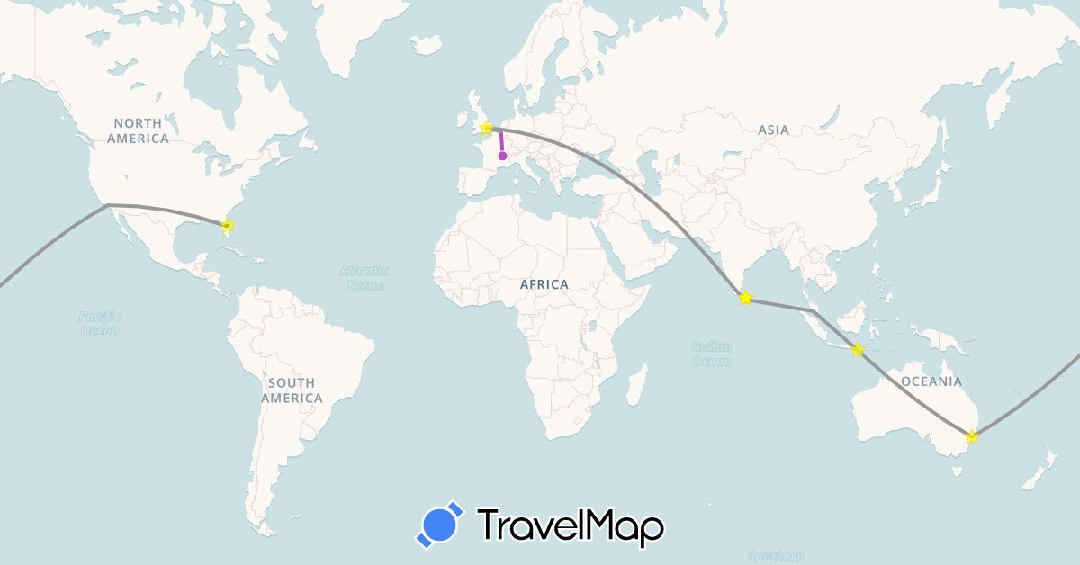 TravelMap itinerary: driving, plane, train, boat in Australia, Belgium, France, United Kingdom, Indonesia, Sri Lanka, Malaysia, United States (Asia, Europe, North America, Oceania)